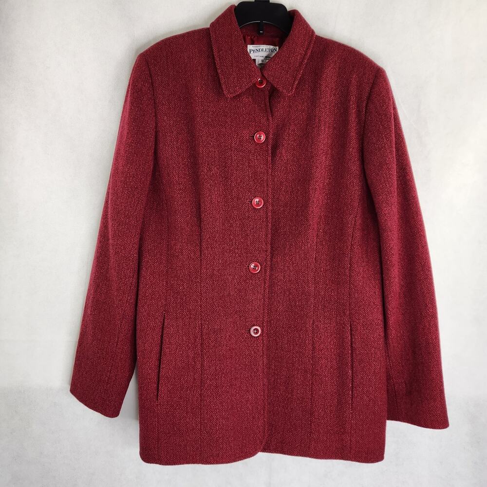 Pendleton 10 Red Herringbone Wool Button Down Bla… - image 1